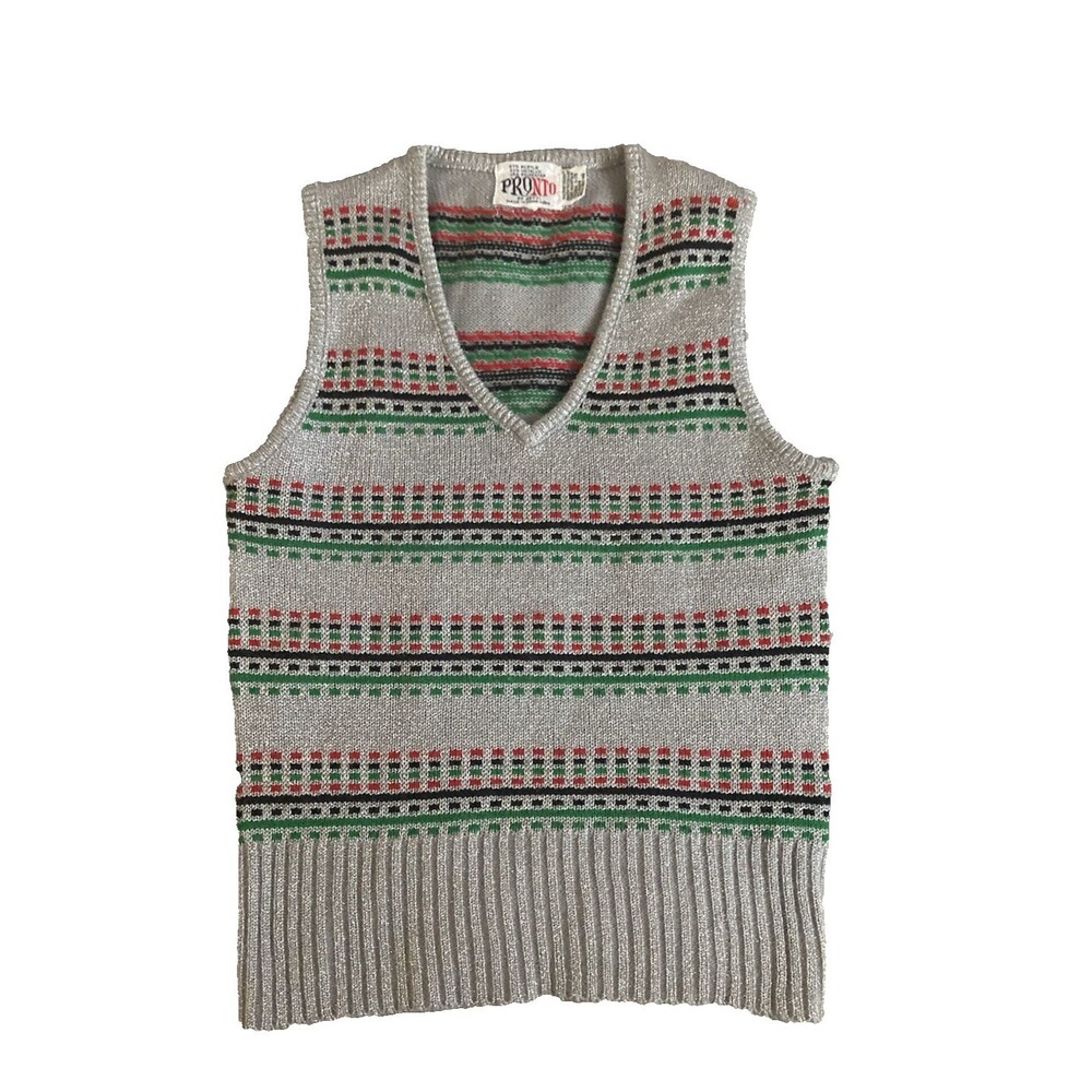 Vintage 60s/70s PRONTO Shimmer Metallic Knit Sweater Vest Sz S Preppy Clueless